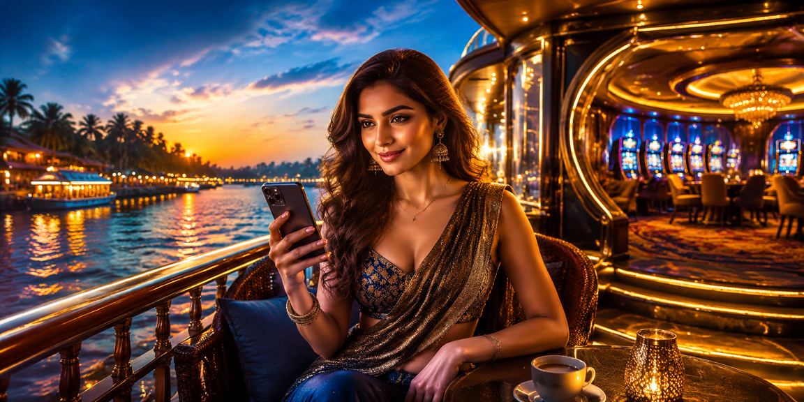 Mobile slots gaming with blue and gold theme in Kerala backwaters